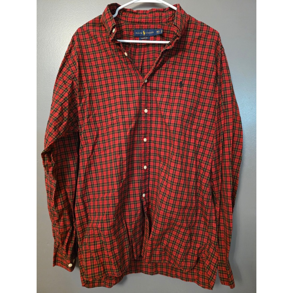 Ralph Lauren Mens Classic Fit Plaid Button Down Shirt Red Black 16.5 34-35